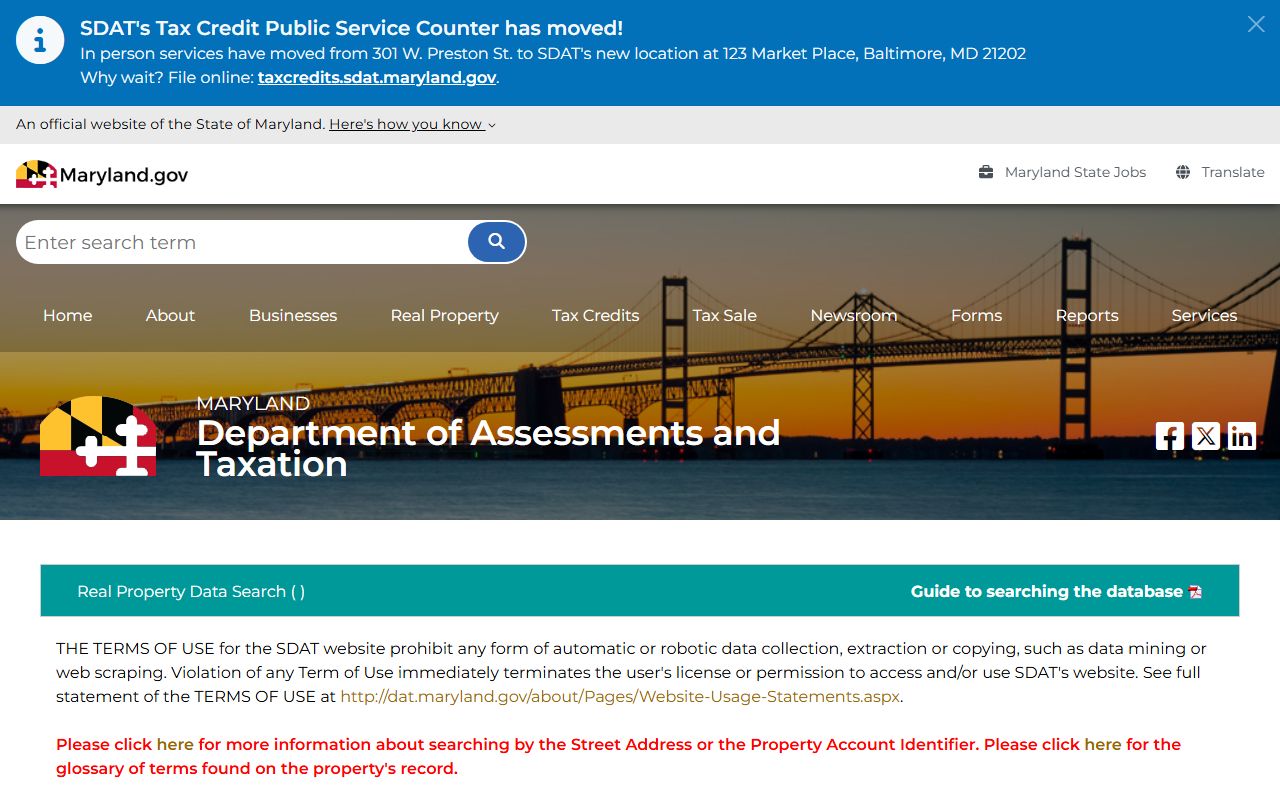 SDAT Real Property Data Search for Anne Arundel County property tax records