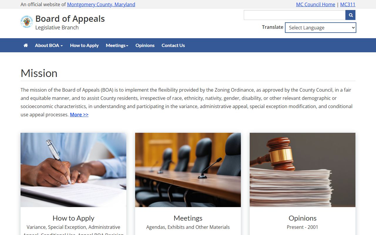 Montgomery County Board of Appeals website for zoning and property use records