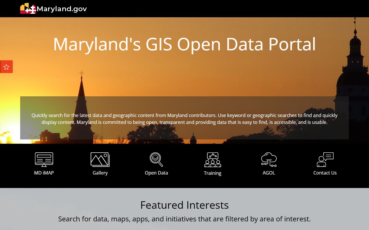 Maryland GIS Data Catalog showing statewide property and parcel datasets