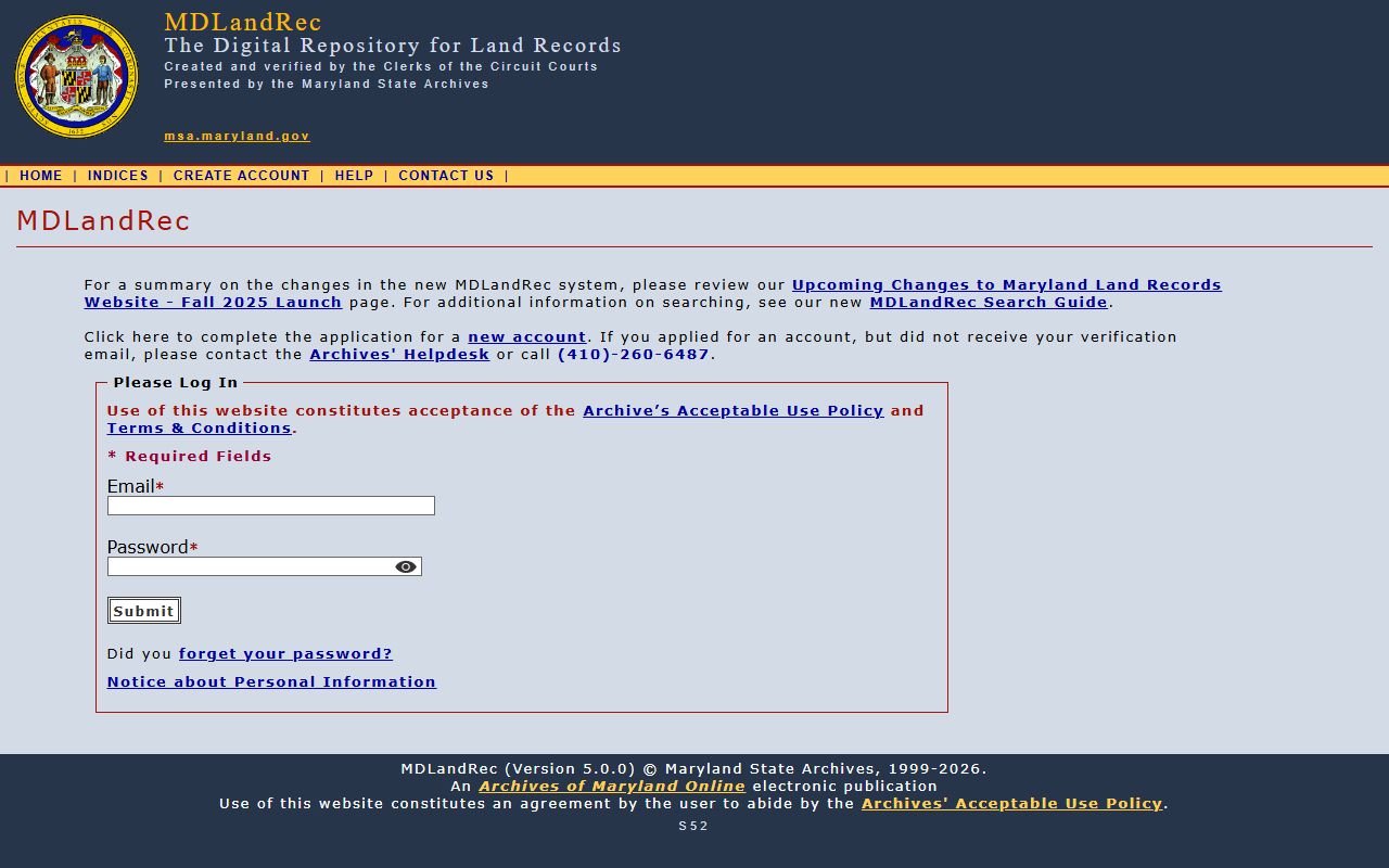 Maryland Land Records website for searching deeds and recorded property documents